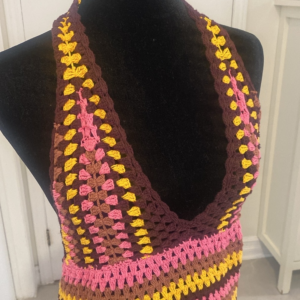 ZARA, Colourful Retro Crochet Halter Dress, with deep V-Neck Size Large - Picture 6 of 17